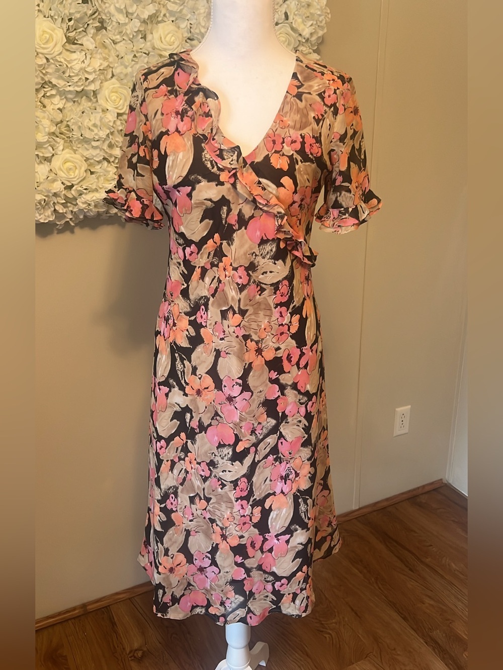 Expressions Black Floral V-Neck Midi Dress with Pink & Beige Blooms